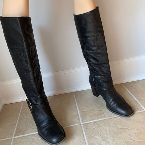 Authentic Coach Charity Embossed Calf Heel Boots - Picture 1 of 8